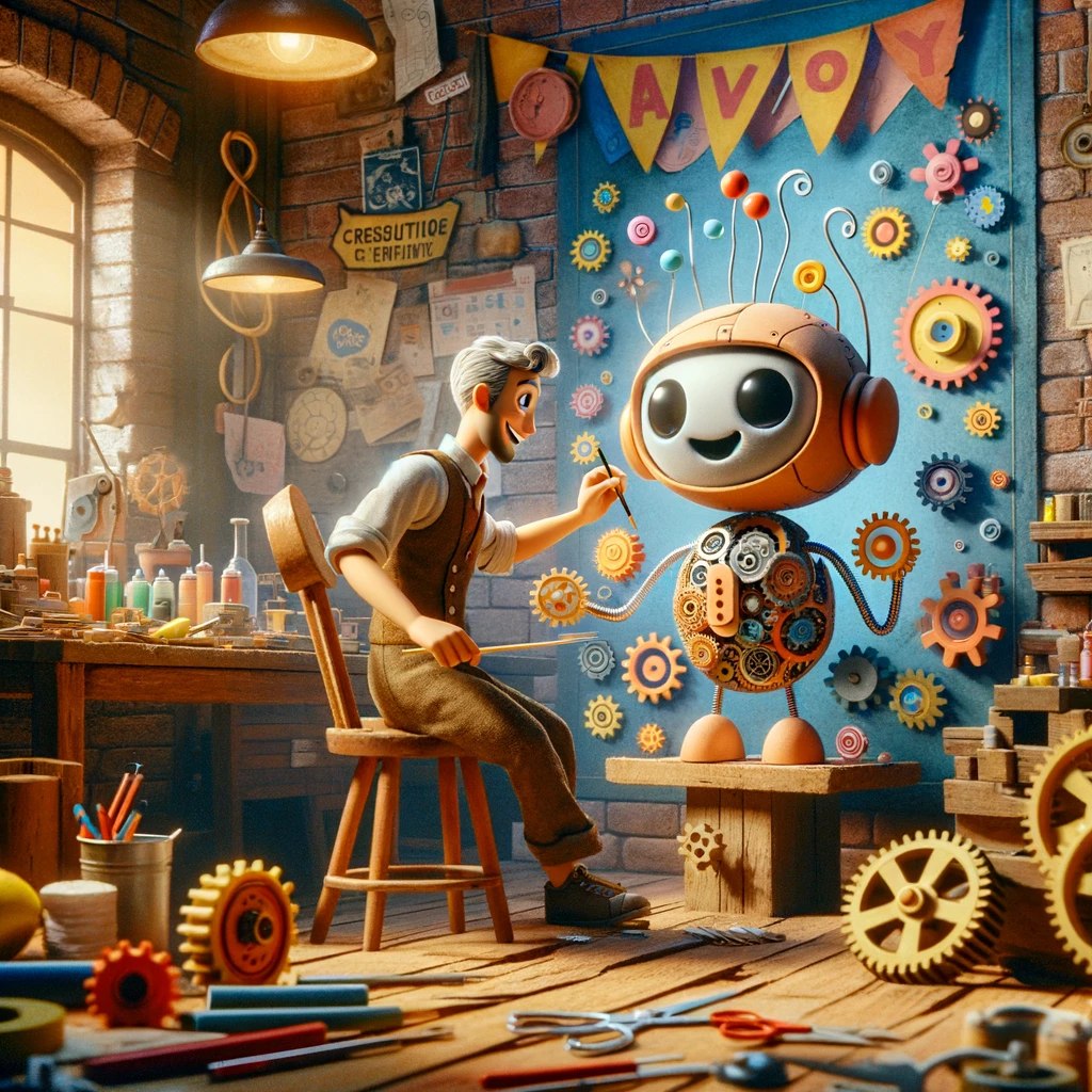 a live-action human cheerfully assembling an animated chatbot in a colorful workshop. This blend creates a fun and inventive depiction of technology development. 🎨🤖