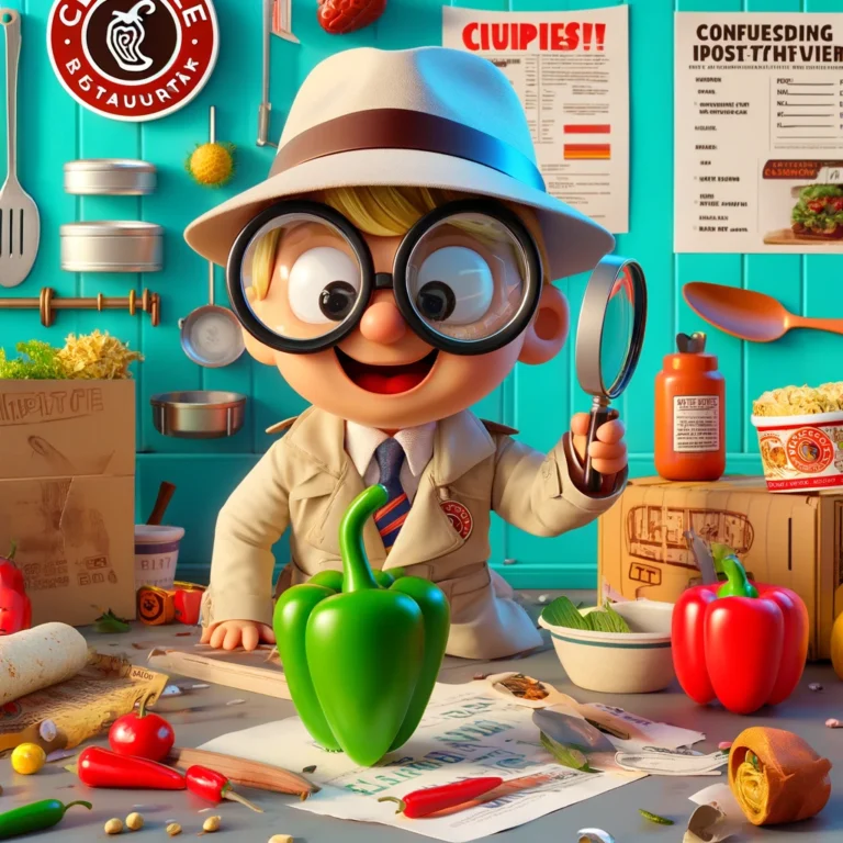 a goofy little kid detective, sorting out the mix-up between Chipotle restaurants and chipotle peppers in a whimsically chaotic kitchen setting. 🕵️‍♂️🌶️