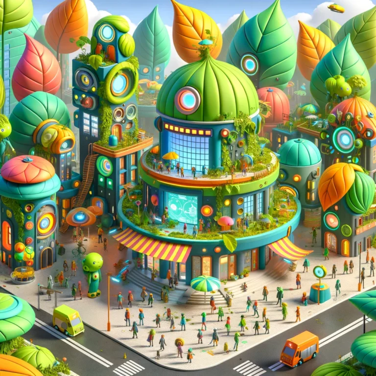 a vibrant and whimsical town with buildings made of colorful leaves, where funky human characters use advanced AI technology in their school. This scene combines a playful mix of nature and futuristic tech, capturing a lively, imaginative world. 🍃🤖