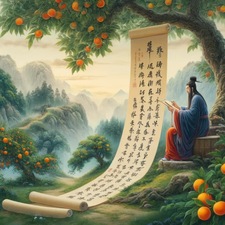 n ancient scholar under a tree, pondering the phrase "orange or plum" on a scroll, surrounded by trees bearing the colorful fruits.