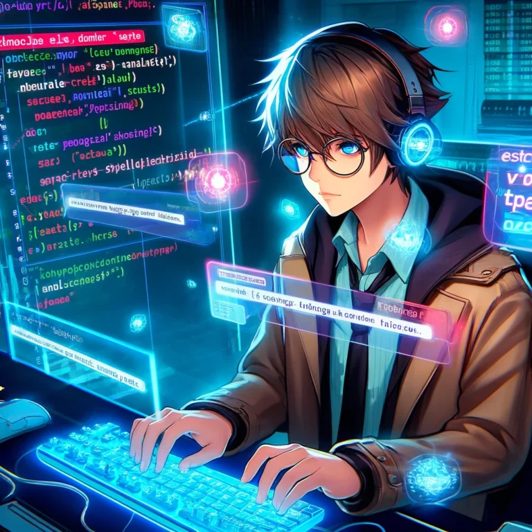 a tech-savvy anime character engrossed in spell-checking Python code on a futuristic computer setup.