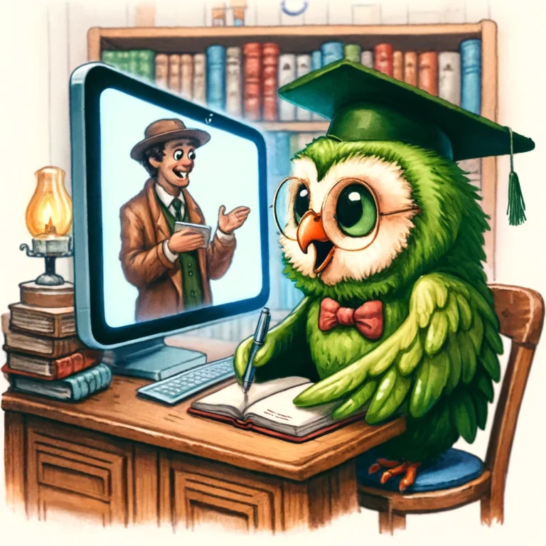 A green owl that is 100% NOT Duo learning language from a human